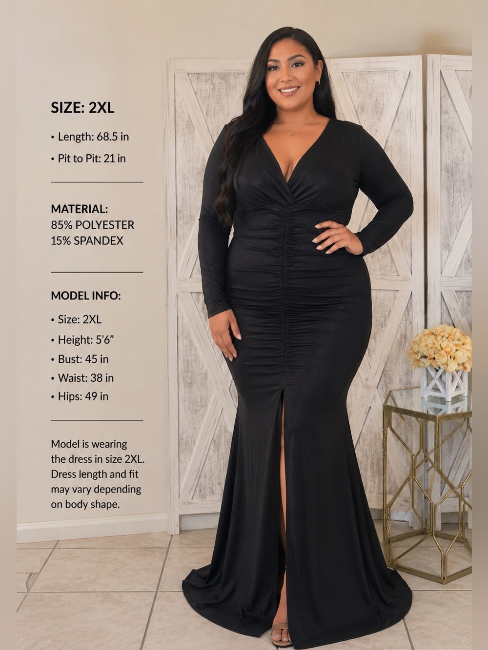 BNWOT Black Ruched Mermaid Maxi Dress 2XL Long Sleeve Evening Gown
